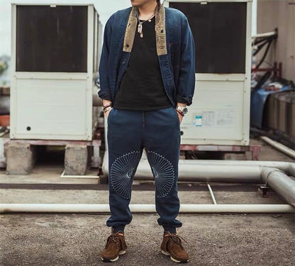 KAPITAL Shawn Yue レトロブルー染めデニム ダメージ加工パッチワーク着物シャツ ローブジャケット