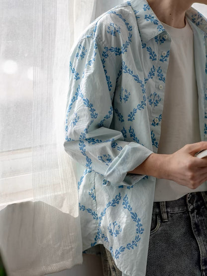 Malevich|Light blue olive branch print long sleeve shirt