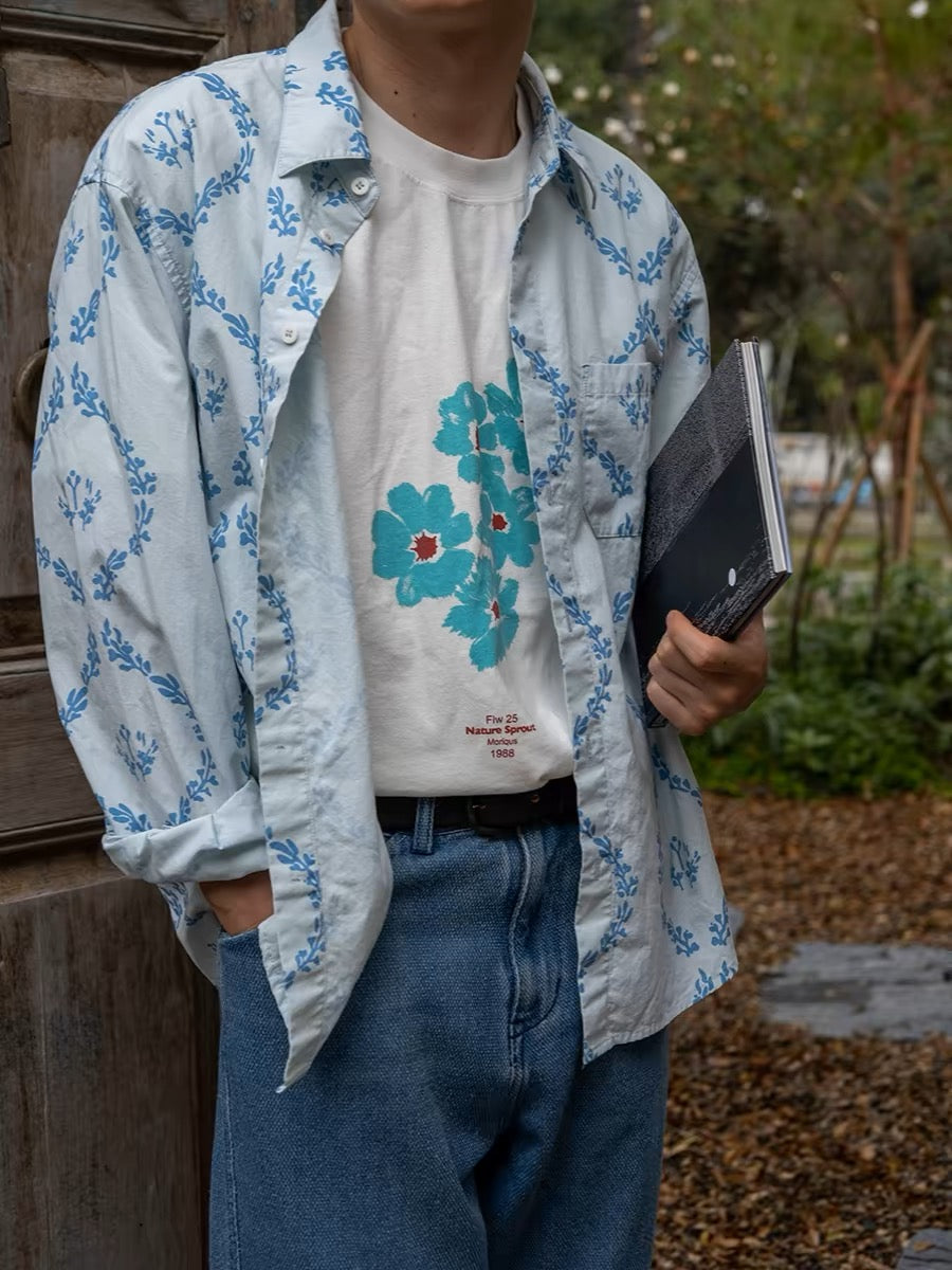 Malevich|Light blue olive branch print long sleeve shirt