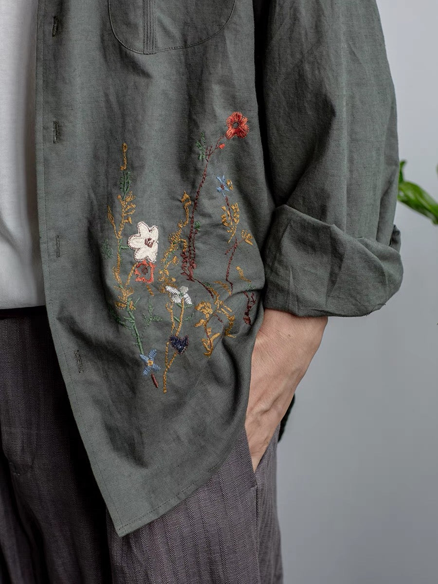 Malevich|Two-color plant embroidery literary versatile long-sleeved couple style cotton and linen shirt