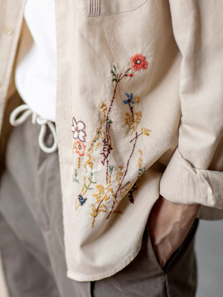 Malevich|Two-color plant embroidery literary versatile long-sleeved couple style cotton and linen shirt