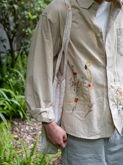 Malevich|Two-color plant embroidery literary versatile long-sleeved couple style cotton and linen shirt