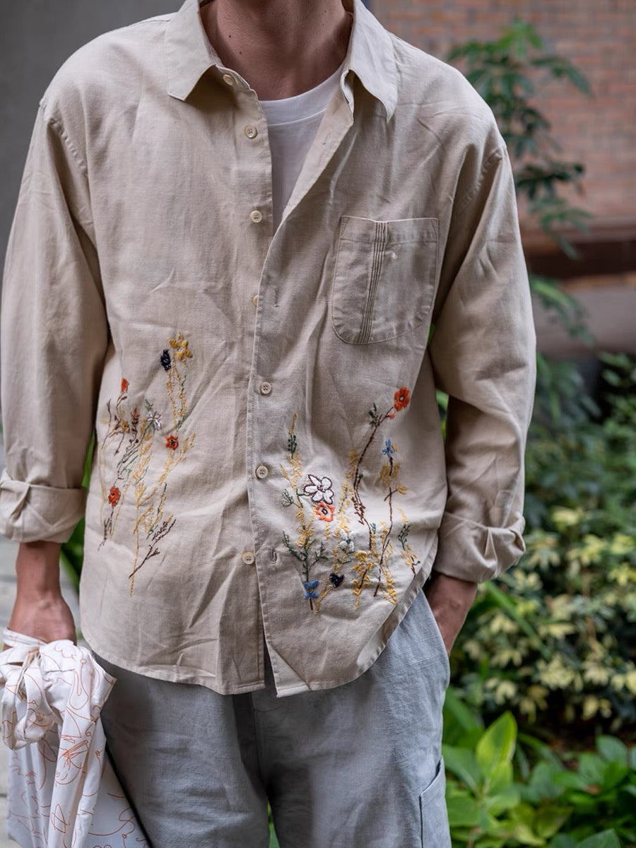 Malevich|Two-color plant embroidery literary versatile long-sleeved couple style cotton and linen shirt