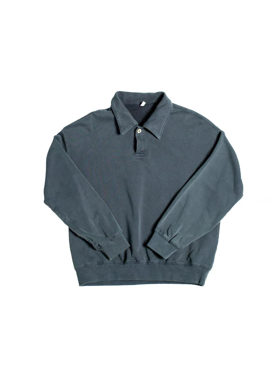 Malevich|Lapel washed distressed knitted terry cloth shaped button denim sweatshirt