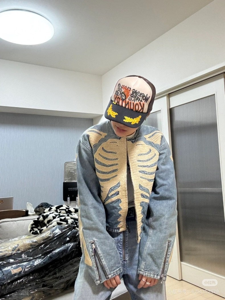 KAPITAL Hirata Kazuhiro bone embroidered denim jacket