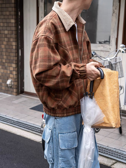 Malevich|Corduroy collar patchwork yarn-dyed woolen plaid short jacket