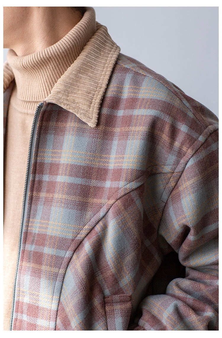 Malevich|Corduroy collar patchwork yarn-dyed woolen plaid short jacket