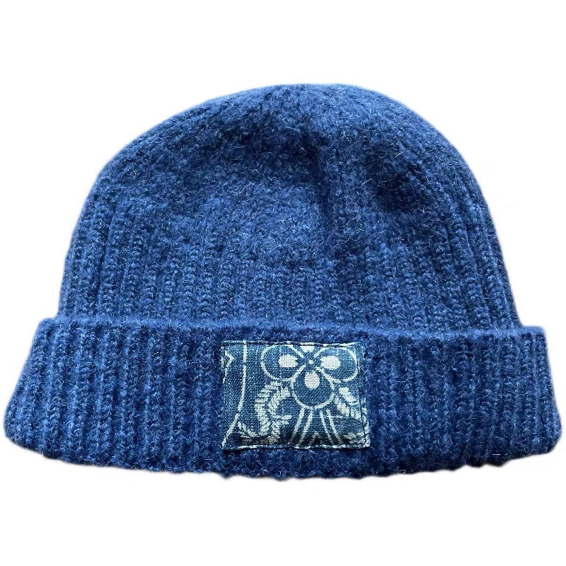 Blue dyed ancient cloth label KOFU patch beanie wool melon hat