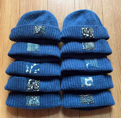 Blue dyed ancient cloth label KOFU patch beanie wool melon hat