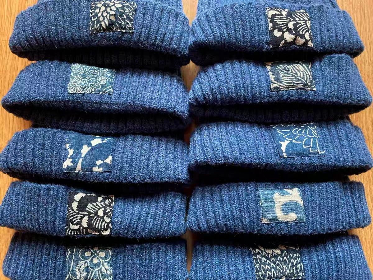 Blue dyed ancient cloth label KOFU patch beanie wool melon hat