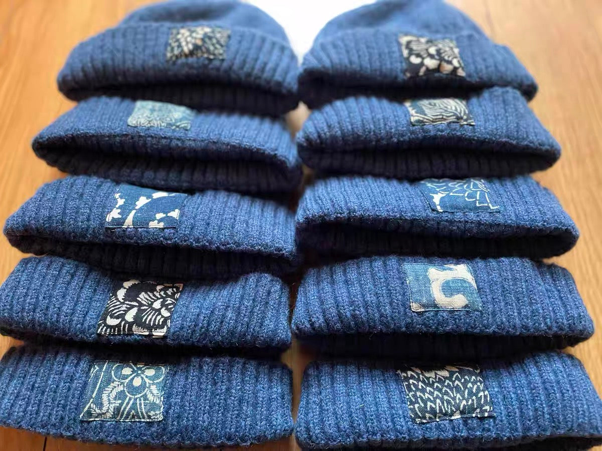 Blue dyed ancient cloth label KOFU patch beanie wool melon hat