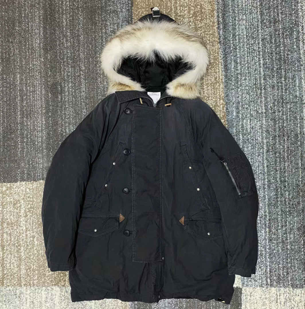 VISVIM FIL valdez down coat wolf fur collar mud-dyed washed white goose down jacket