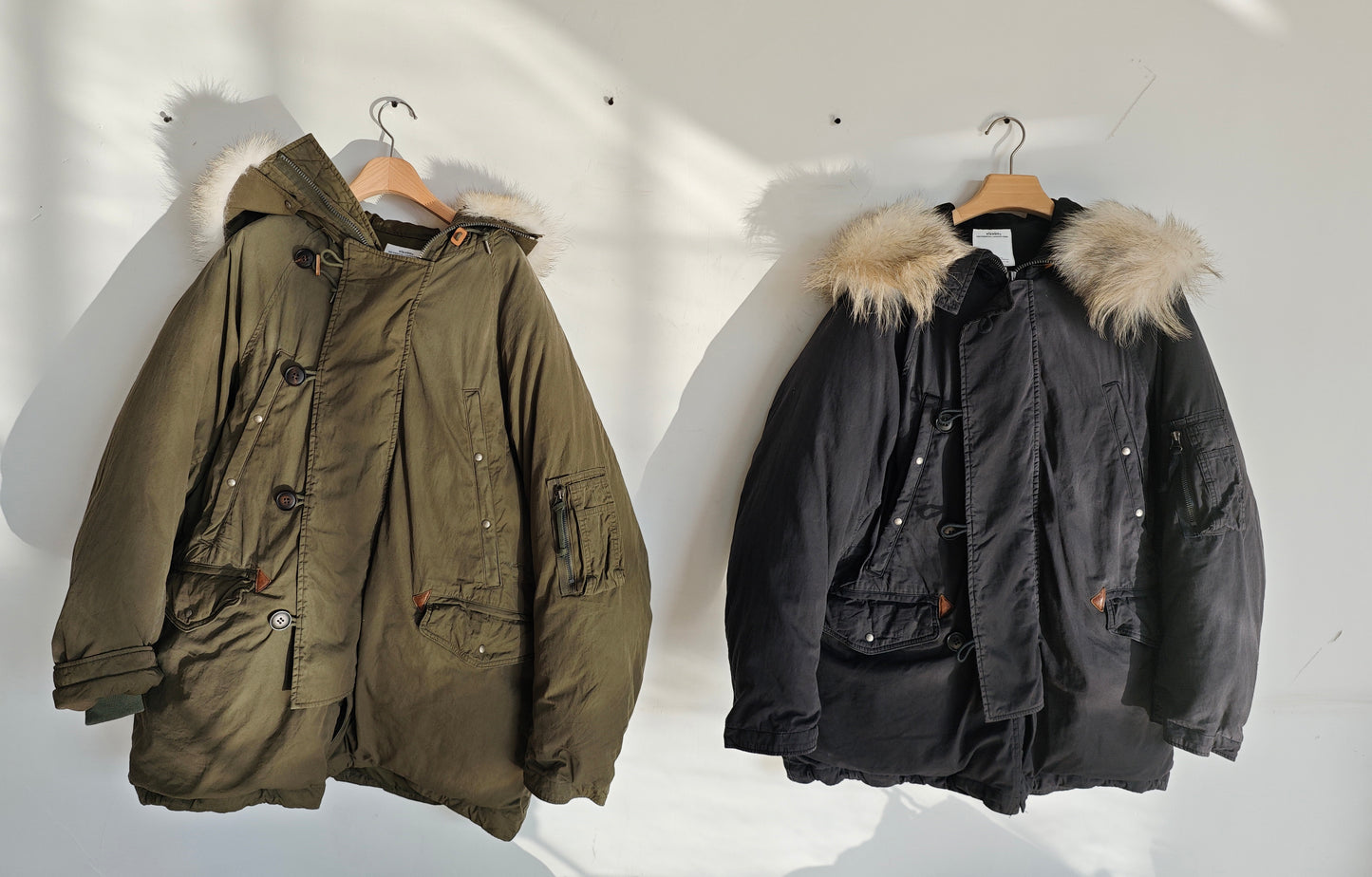 VISVIM FIL valdez down coat wolf fur collar mud-dyed washed white goose down jacket