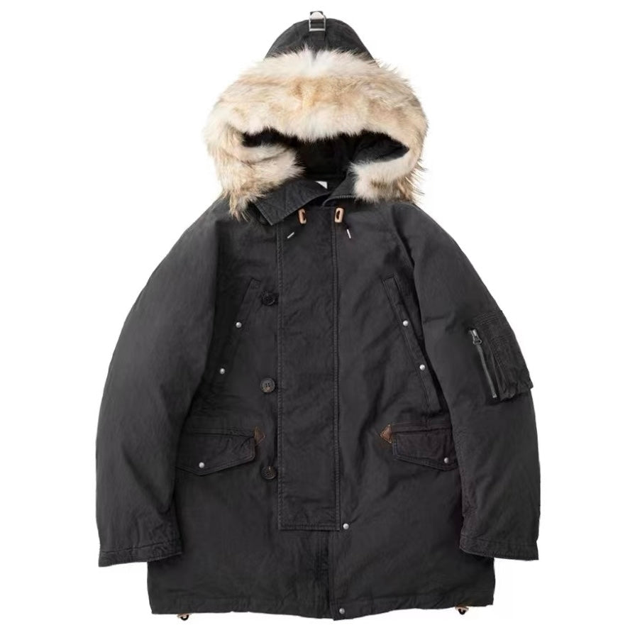 VISVIM FIL valdez down coat wolf fur collar mud-dyed washed white goose down jacket