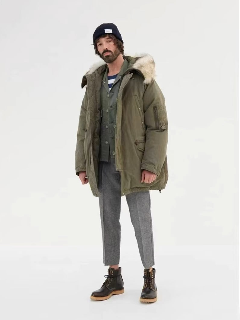 VISVIM FIL valdez down coat wolf fur collar mud-dyed washed white goose down jacket