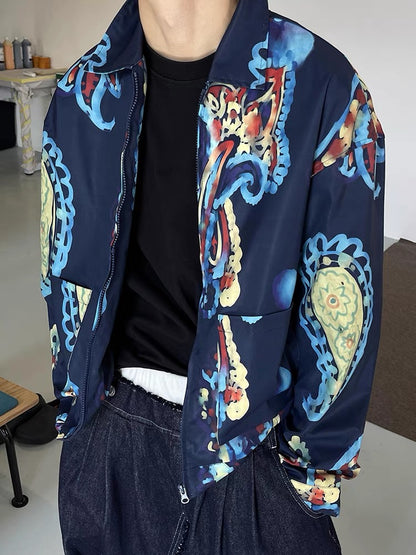 Handsome cashew flower contrast graffiti digital print zipper jacket