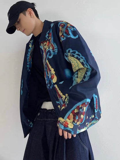 Handsome cashew flower contrast graffiti digital print zipper jacket