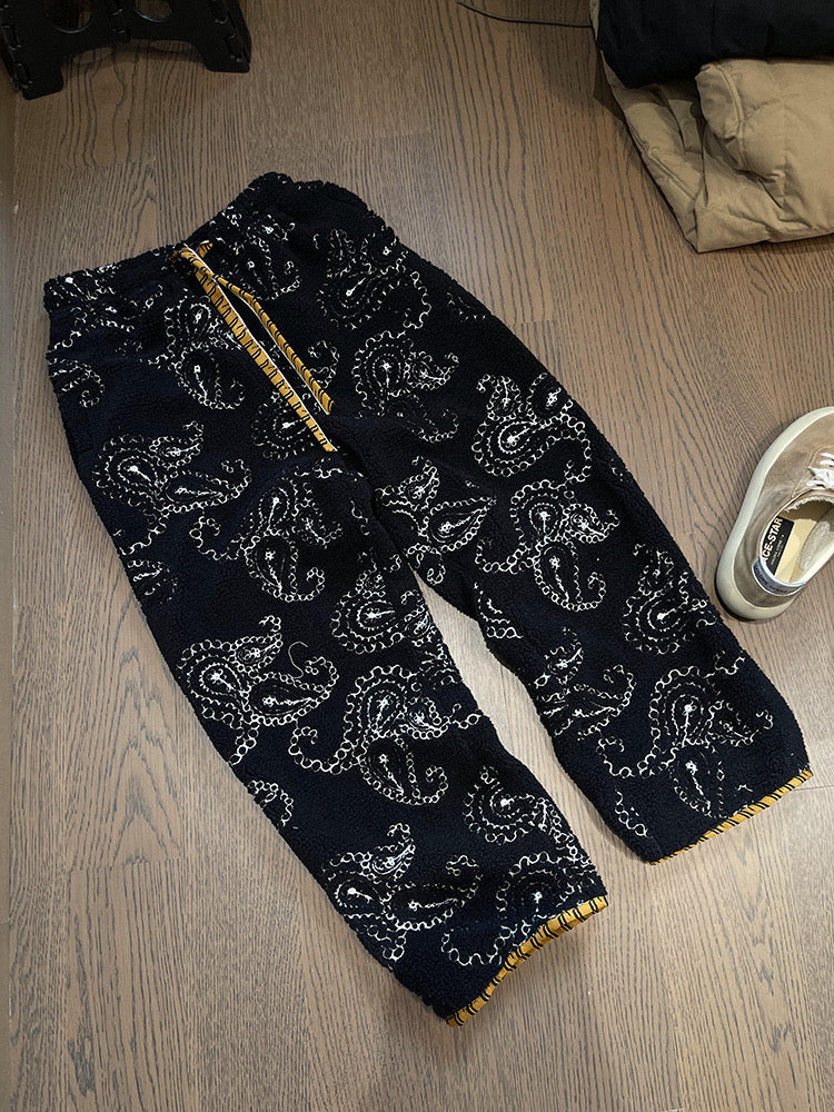 Cashew Flower Embroidered Tiger Print Faux Lamb's Wool Thick Pants