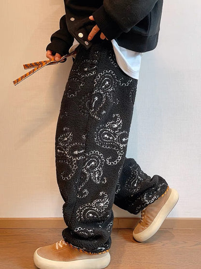 Cashew Flower Embroidered Tiger Print Faux Lamb's Wool Thick Pants