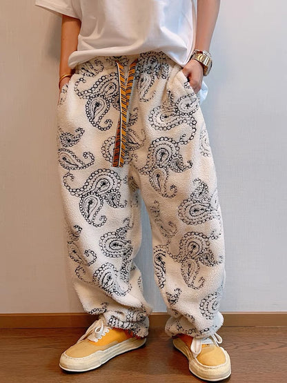 Cashew Flower Embroidered Tiger Print Faux Lamb's Wool Thick Pants