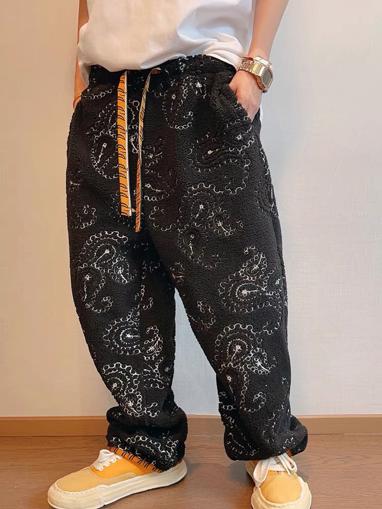 Cashew Flower Embroidered Tiger Print Faux Lamb's Wool Thick Pants