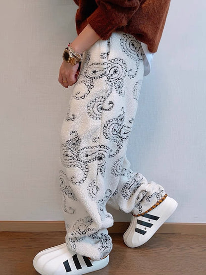 Cashew Flower Embroidered Tiger Print Faux Lamb's Wool Thick Pants