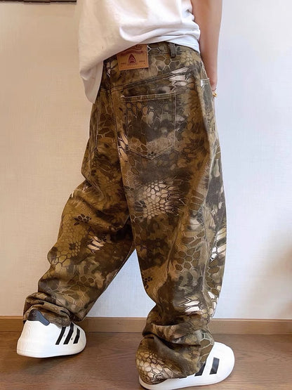 Vintage Canvas Snake Print Camouflage Heavy Wash Loose Fit Machete Pants