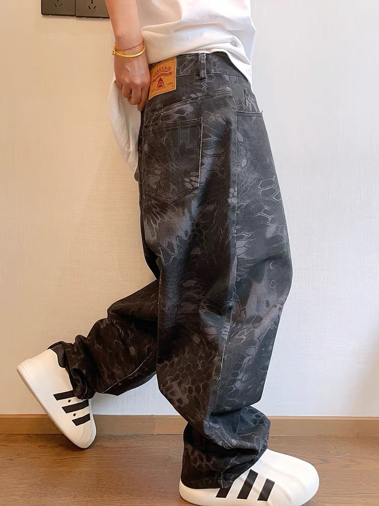 Vintage Canvas Snake Print Camouflage Heavy Wash Loose Fit Machete Pants