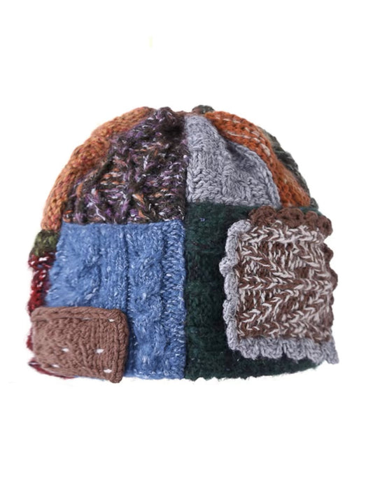 Literary Vintage Hand Knitted Colorful Woolen Thread Patchwork Hat