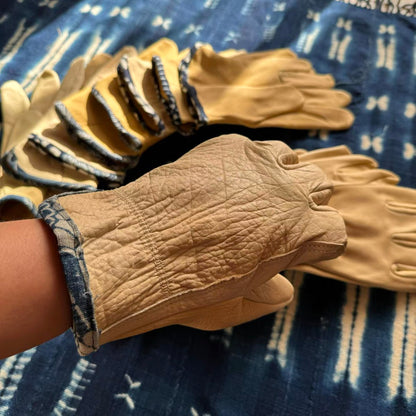 Natural deerskin distressed motorcycle gloves blue dyed edging VISVIM