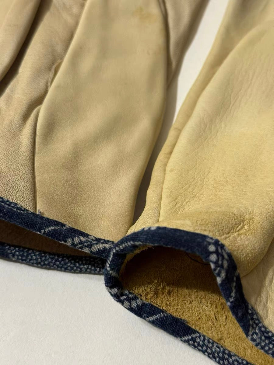 Natural deerskin distressed motorcycle gloves blue dyed edging VISVIM