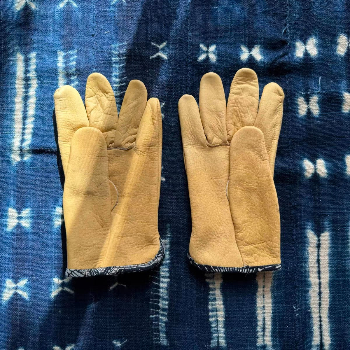 Natural deerskin distressed motorcycle gloves blue dyed edging VISVIM