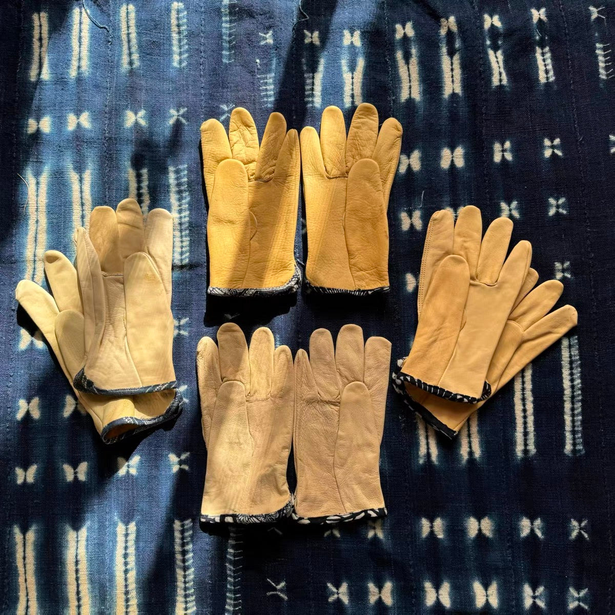 Natural deerskin distressed motorcycle gloves blue dyed edging VISVIM